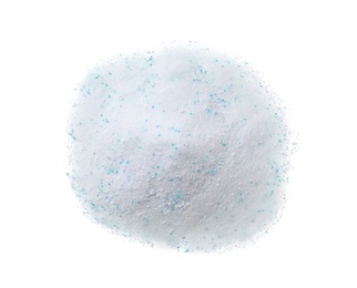 Photo of Pile of laundry powder isolated on white, top view