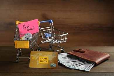 Composition with signs Cash Back, credit card and small shopping carts on wooden table