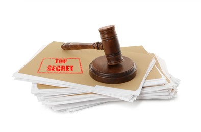 Image of Top Secret stamp. Files with documents and wooden gavel on white background