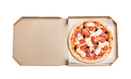 Photo of Delicious pizza Diablo in cardboard box isolated on white, top view