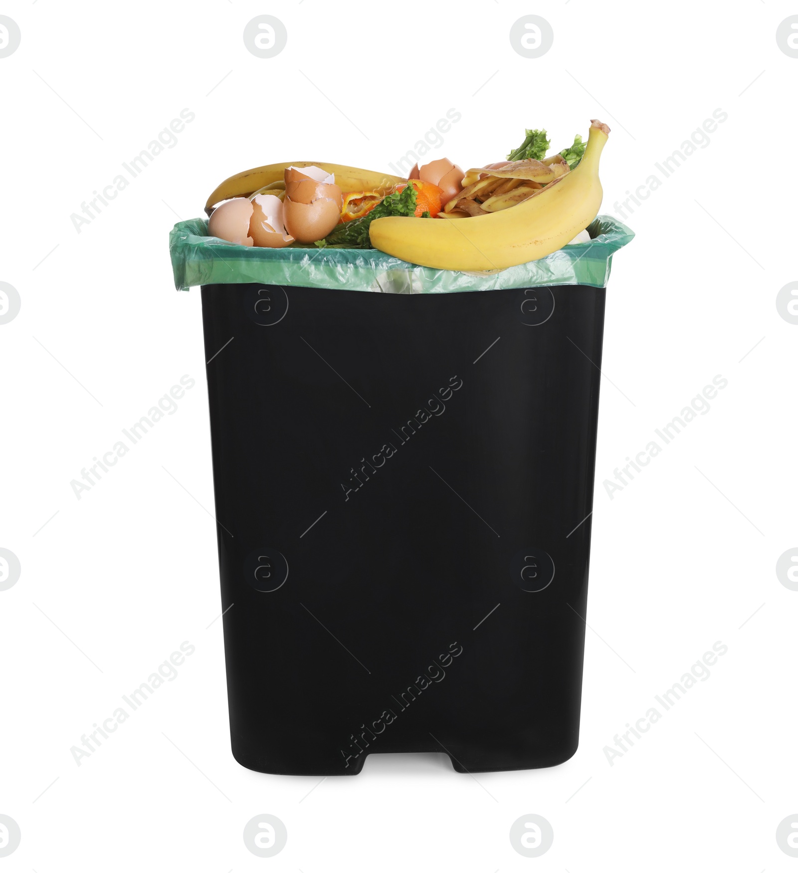 Photo of Bin full of garbage on white background. Rubbish recycling