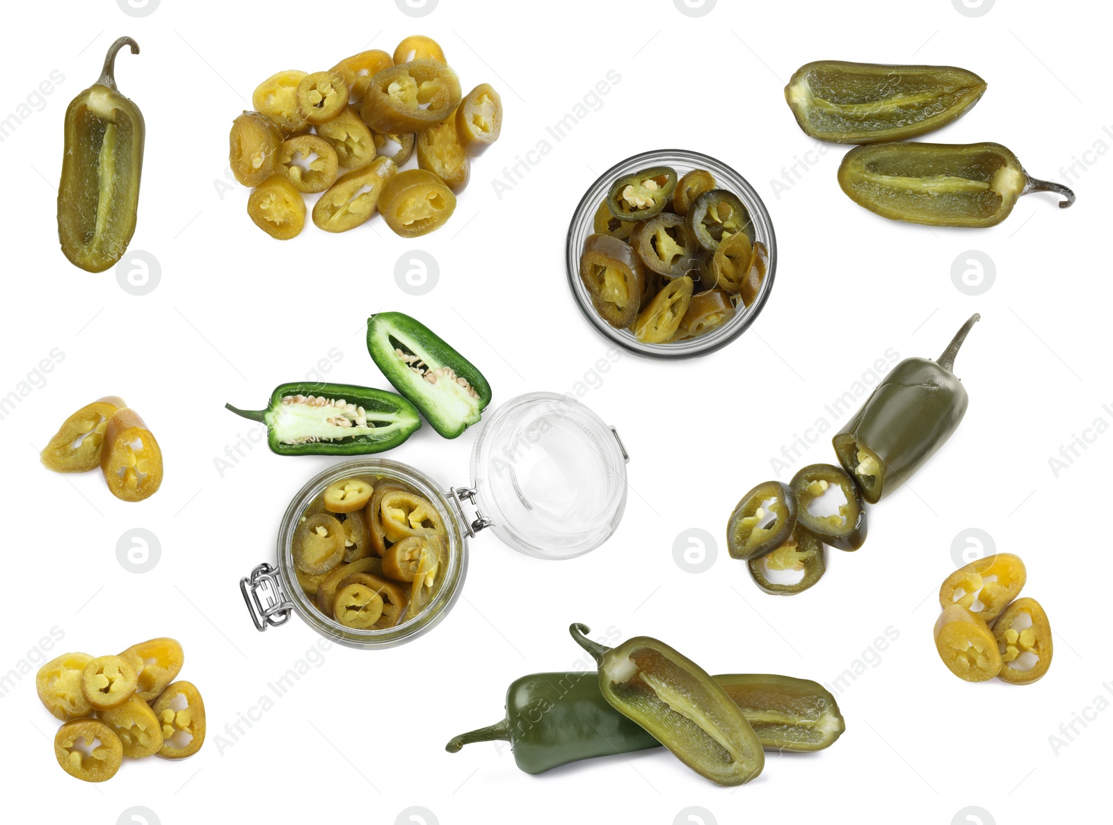 Image of Set with pickled green jalapeno peppers on white background, top view