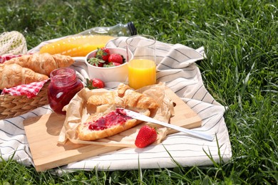 Photo of Blanket with different products on green grass. Summer picnic
