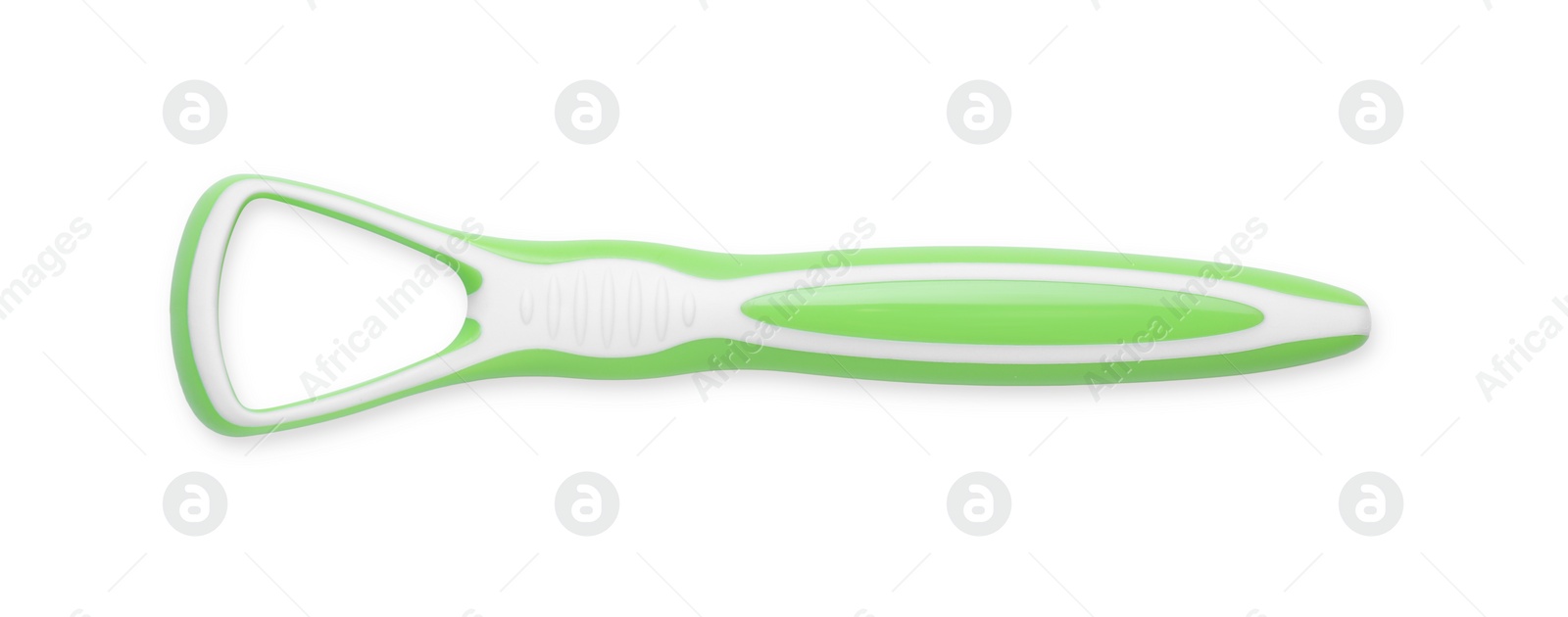 Photo of One green tongue cleaner isolated on white, top view. Dental care