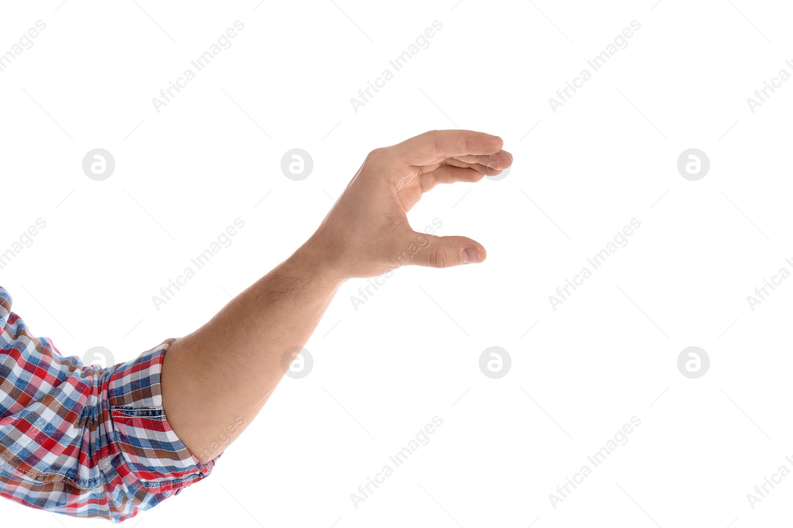 Photo of Man holding magnet on white background, closeup