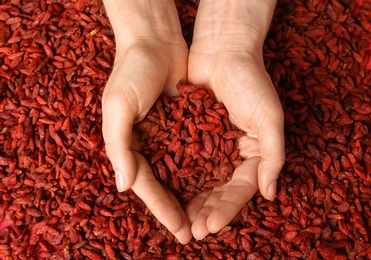 Woman holding red dried goji berries, top view