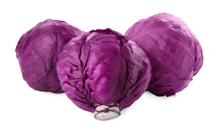 Photo of Fresh ripe red cabbages on white background