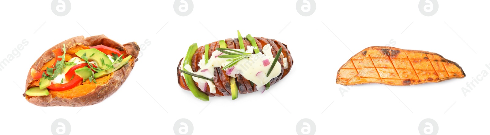 Image of Set of delicious cooked sweet potatoes on white background, top view. Banner design