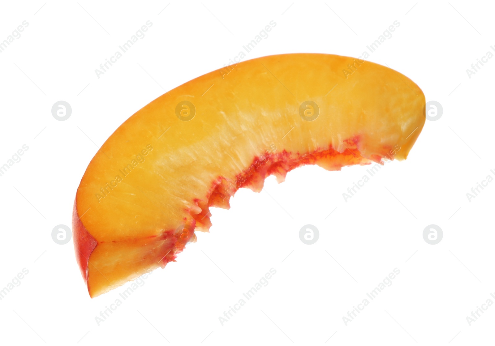 Photo of Slice of juicy peach on white background