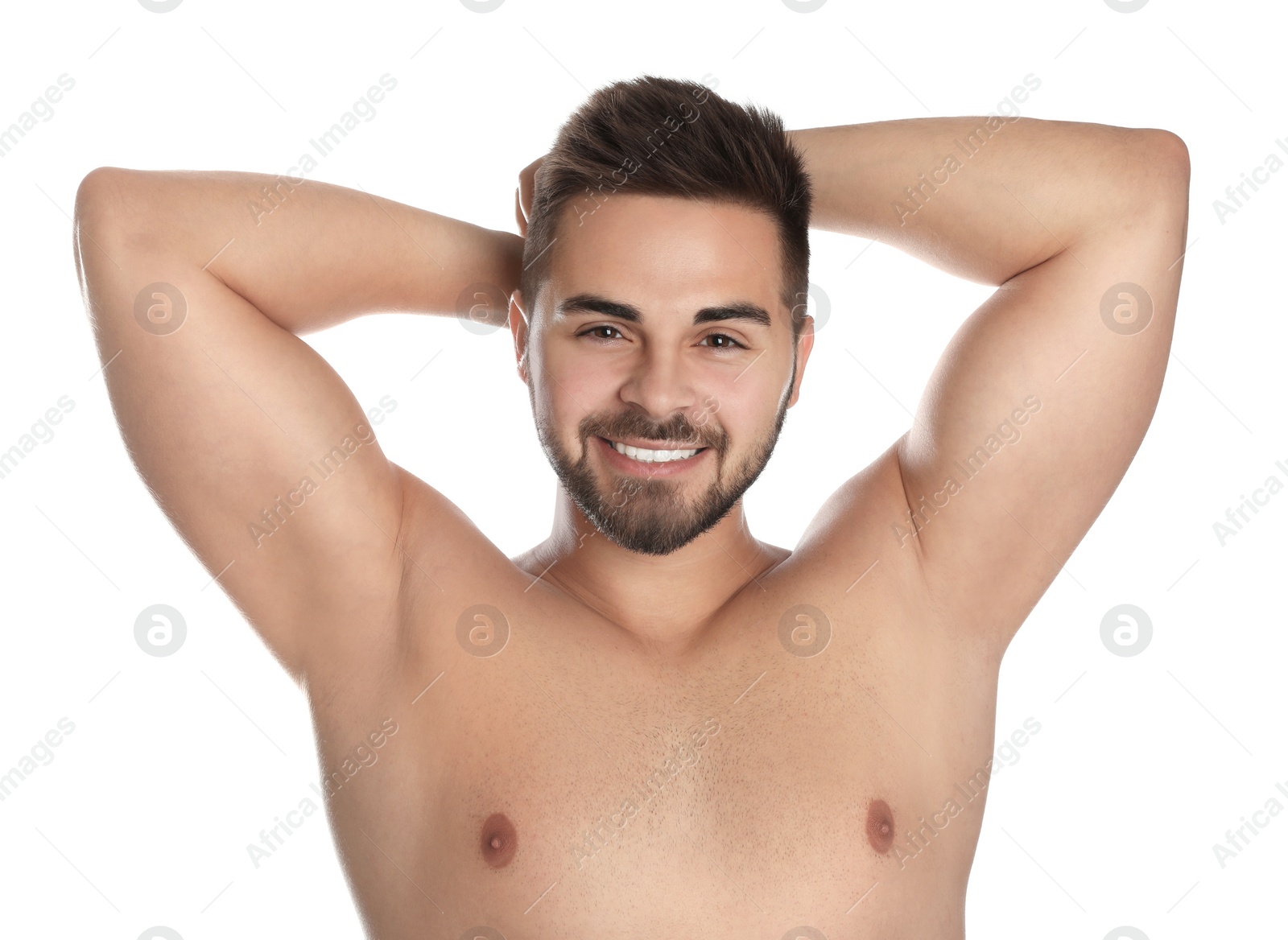 Image of Young man showing hairless armpits after epilation procedure on white background