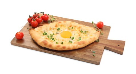 Photo of Fresh delicious Adjarian khachapuri with microgreens and tomatoes on white background