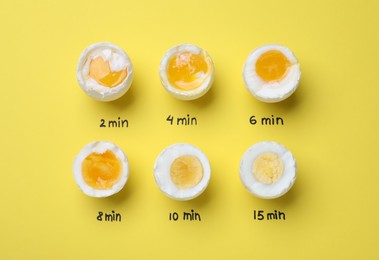 Photo of Different cooking time and readiness stages of boiled chicken eggs on yellow background, flat lay