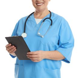 Photo of Mature doctor with clipboard on white background, closeup