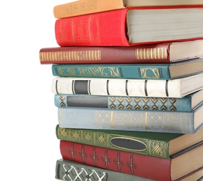 Stack of hardcover books on white background