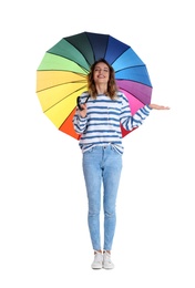 Photo of Woman with rainbow umbrella on white background