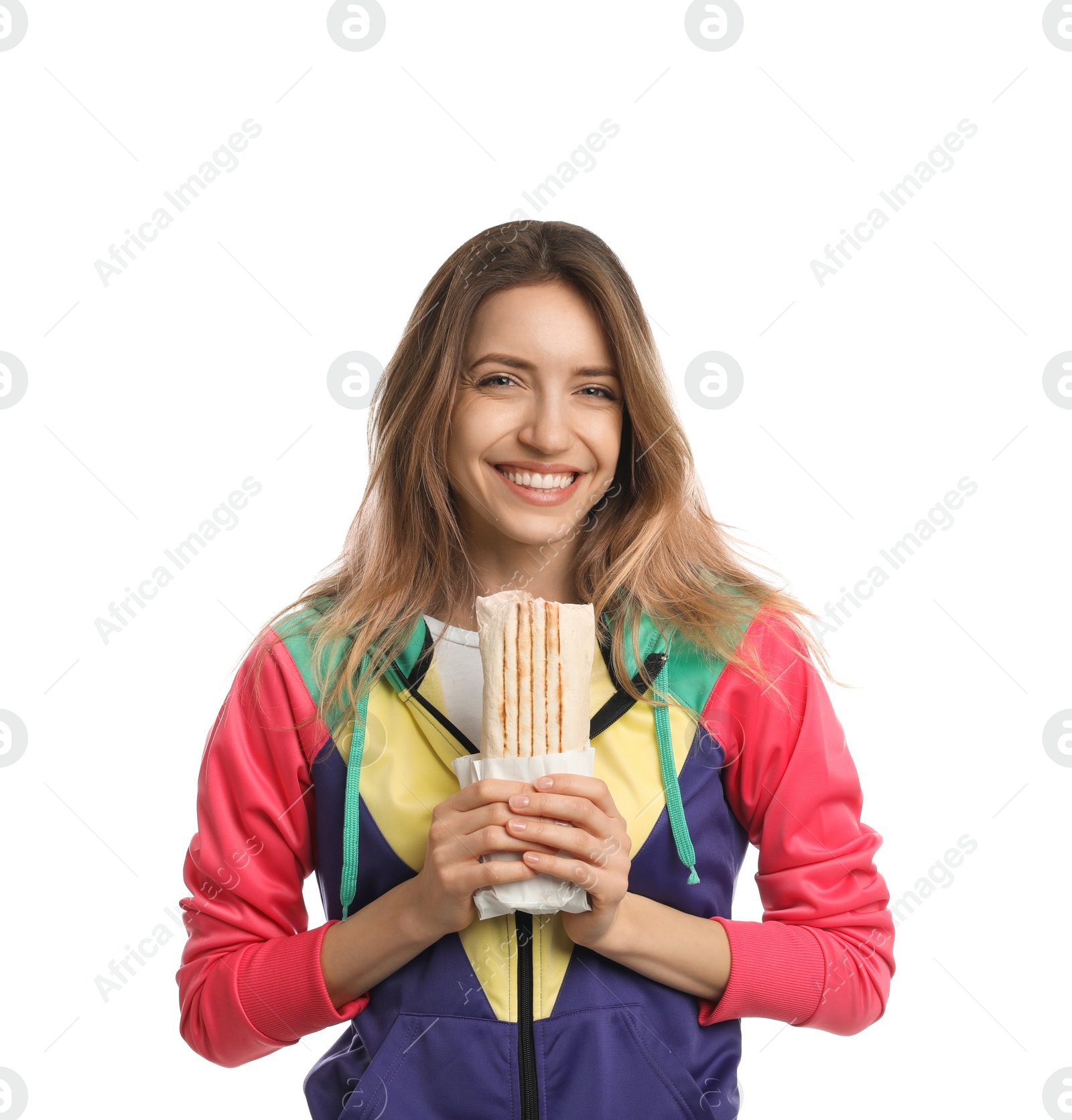 Photo of Young woman with delicious shawarma on white background