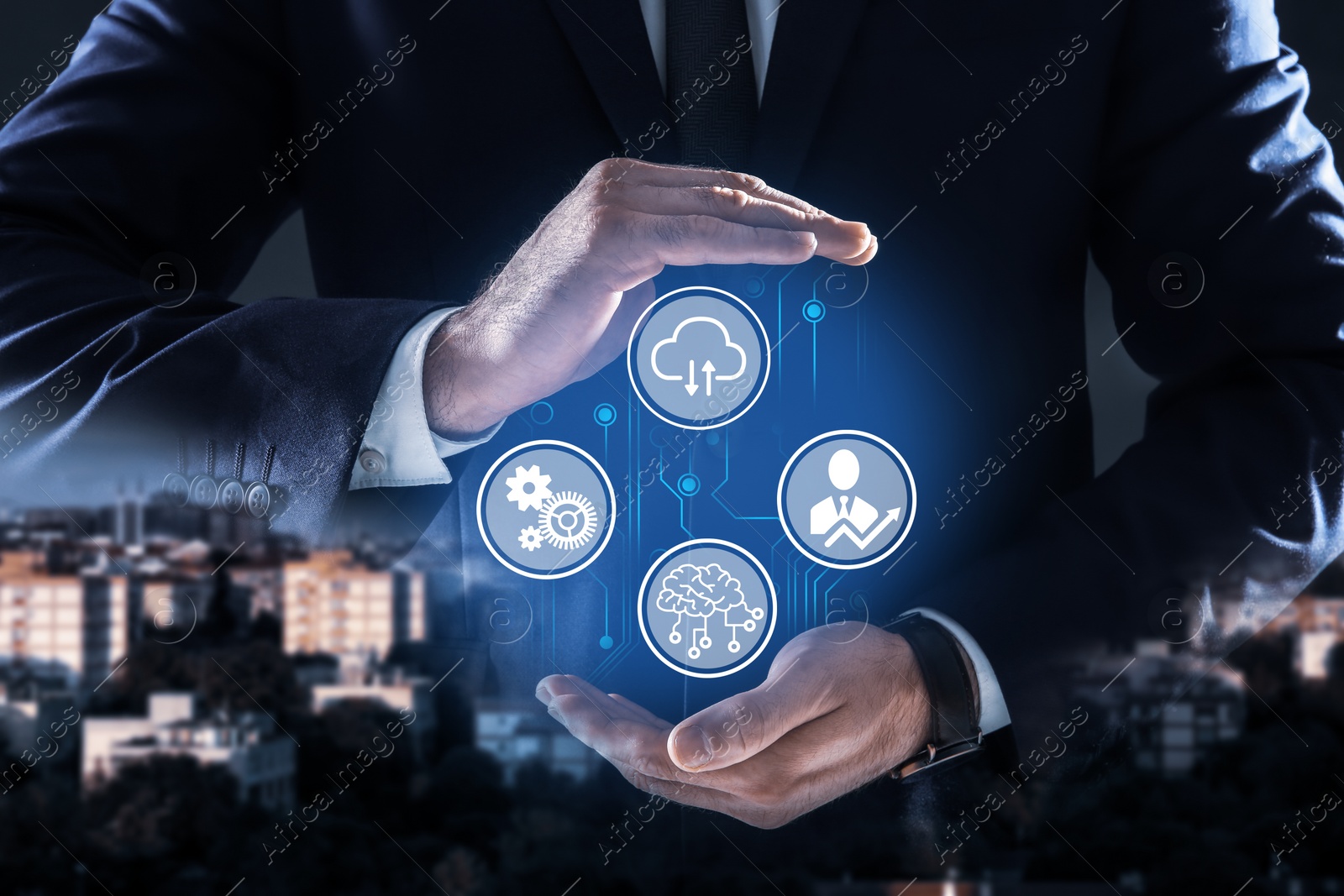 Image of Man demonstrating machine learning model with different icons and night cityscape on background, closeup