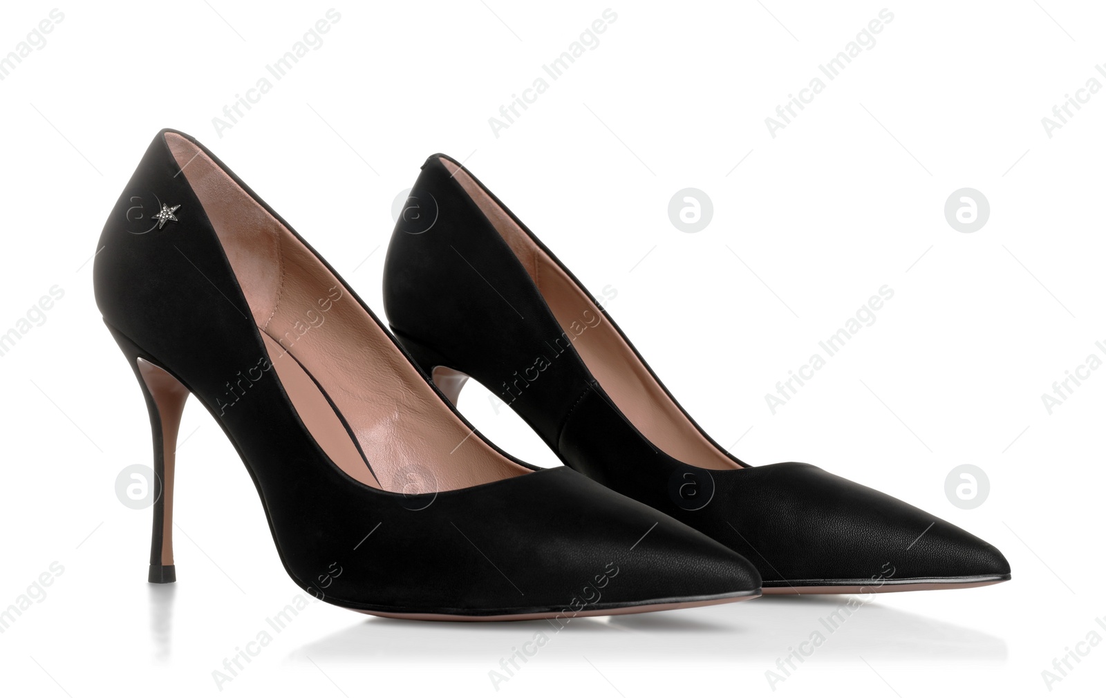 Photo of Pair of elegant black high heel shoes on white background