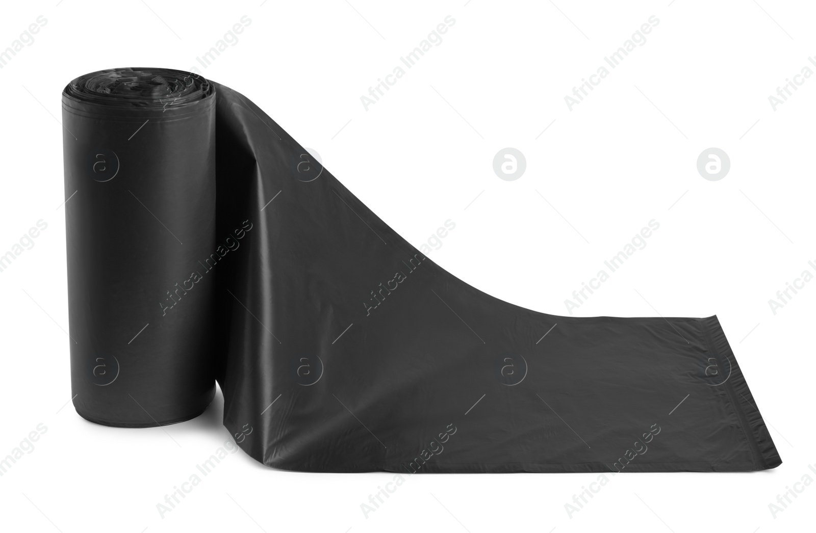 Photo of Roll of black garbage bags on white background. Cleaning supplies