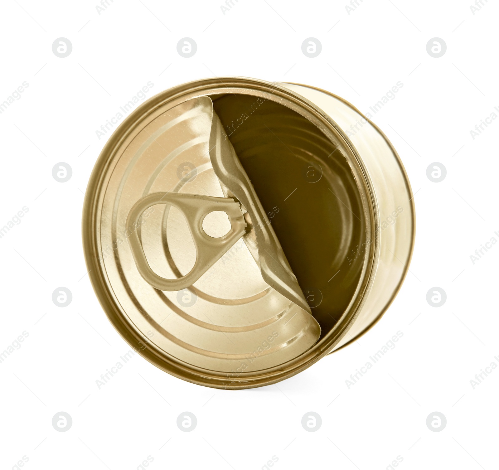 Photo of Open shiny tin can isolated on white