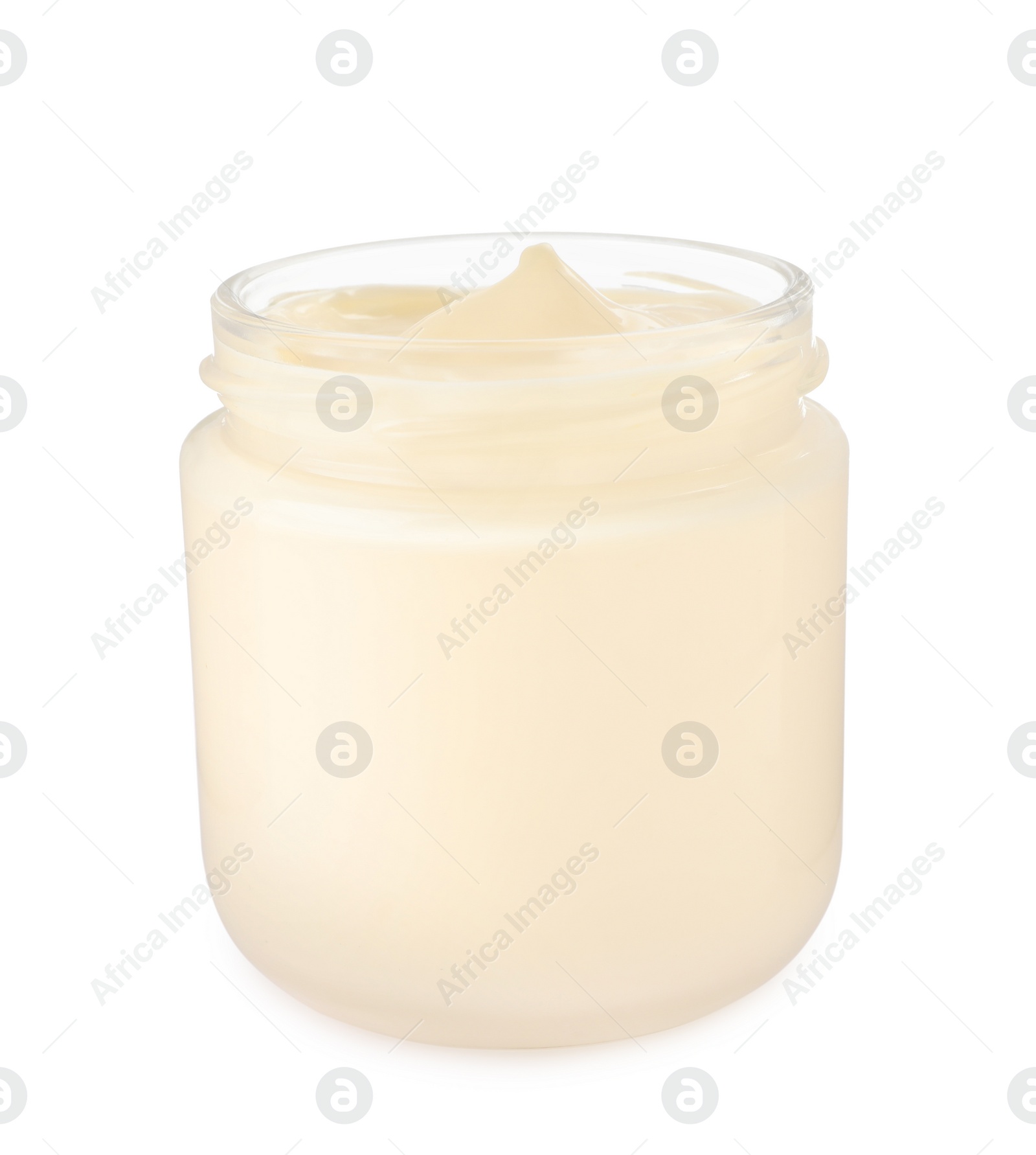 Photo of Mayonnaise in glass jar isolated on white