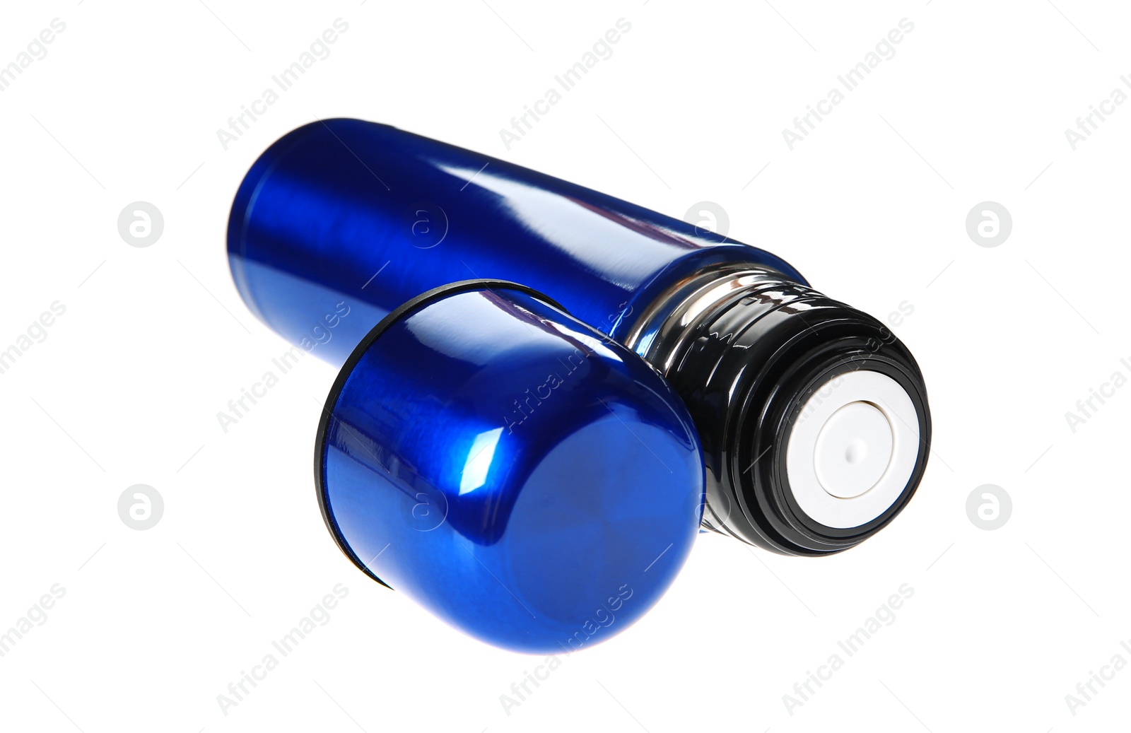 Photo of Blue metal thermos with lid isolated on white