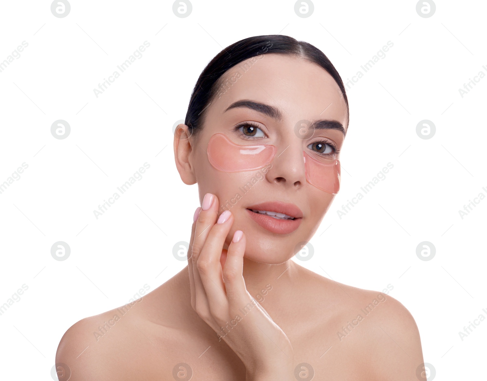 Photo of Beautiful young woman with under eye patches on white background