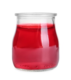 Tasty jelly dessert in glass jar on white background