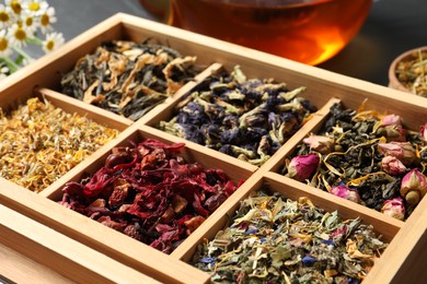 Photo of Different dry teas in wooden box, closeup