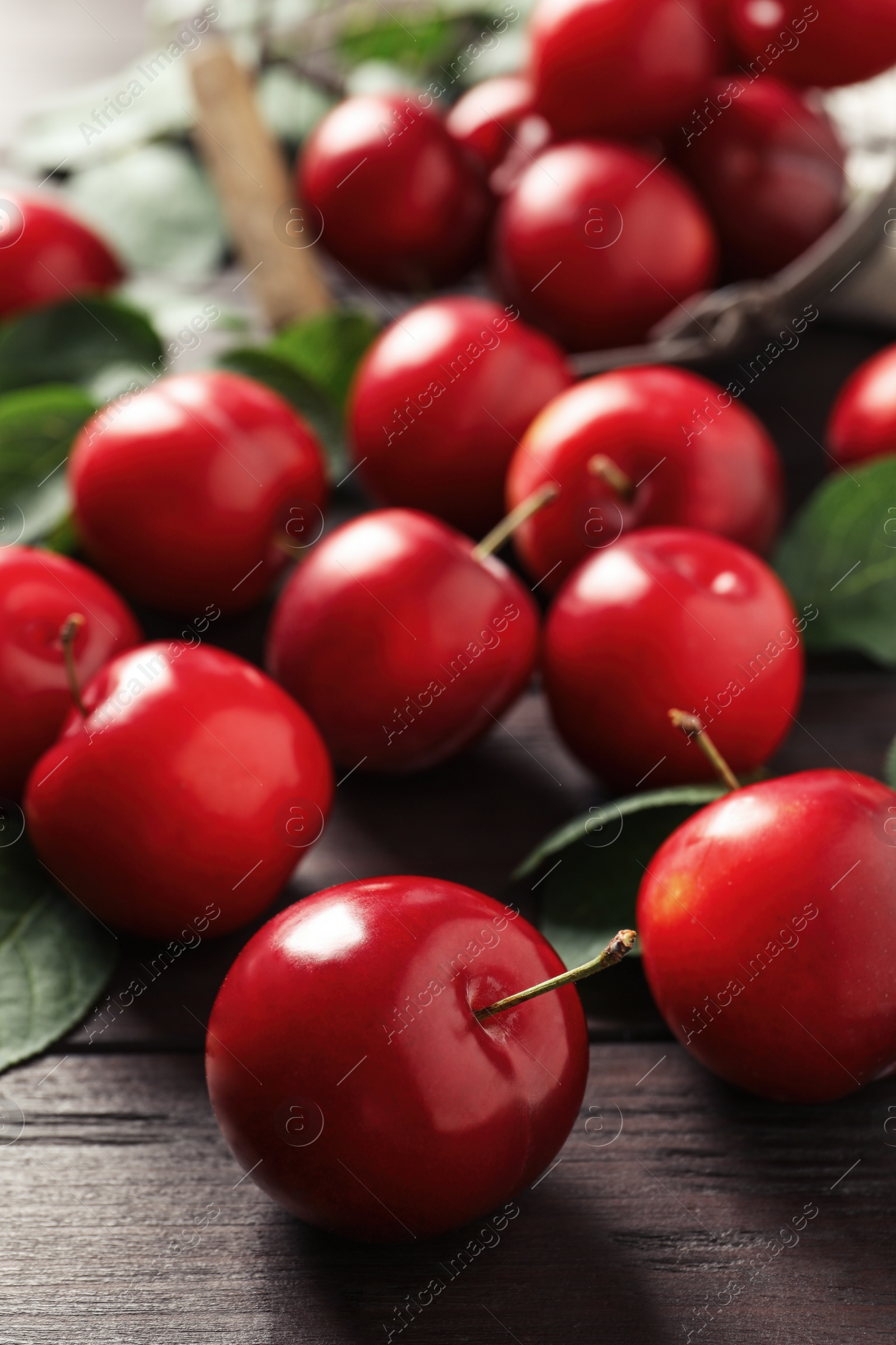 Photo of Delicious ripe cherry plums with leaves on wooden table, closeup