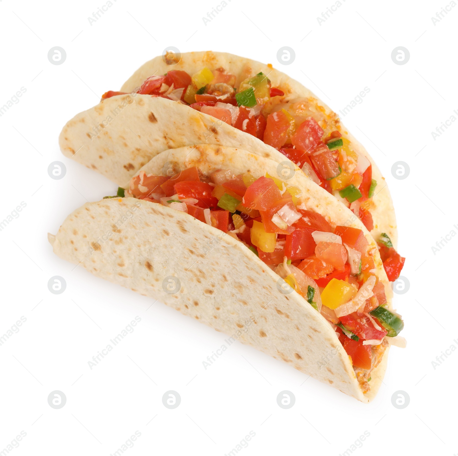 Photo of Delicious tacos with vegetables isolated on white