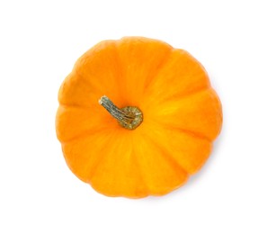 Photo of Fresh ripe pumpkin isolated on white, top view