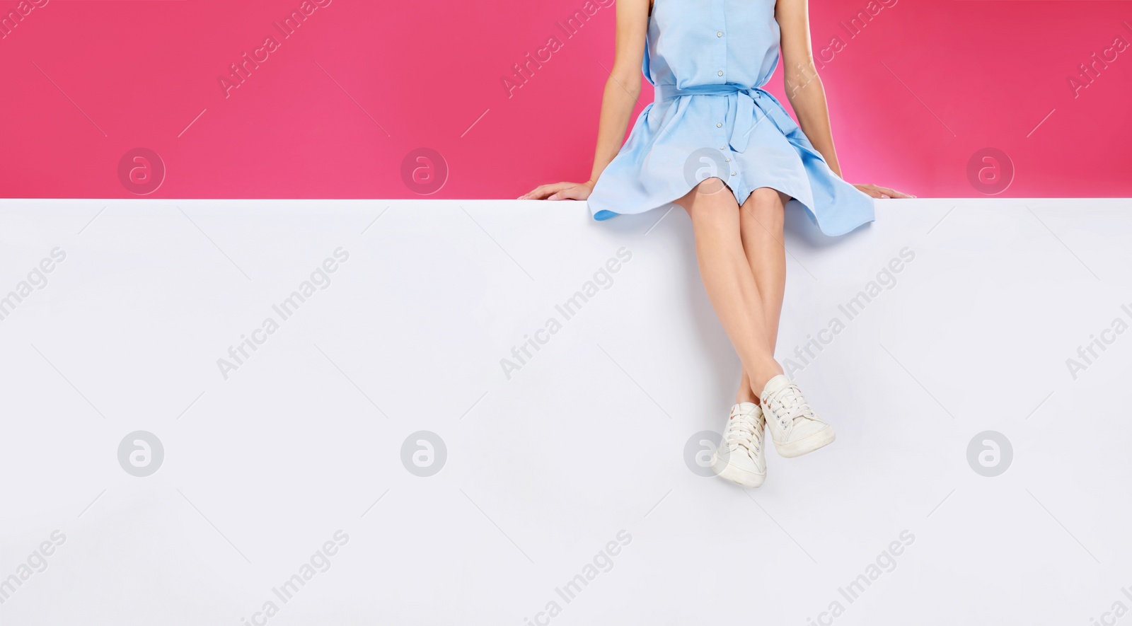 Photo of Woman wearing stylish shoes on color background, closeup