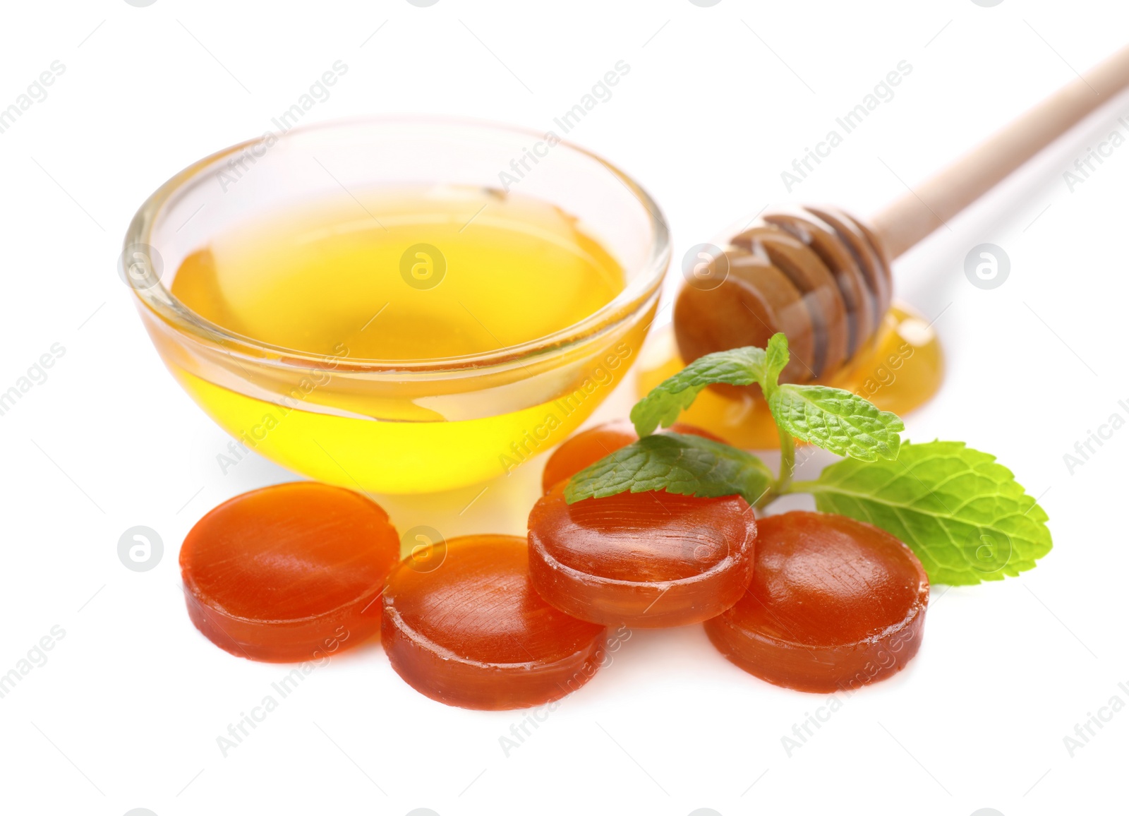 Photo of Many color cough drops, mint and honey on white background