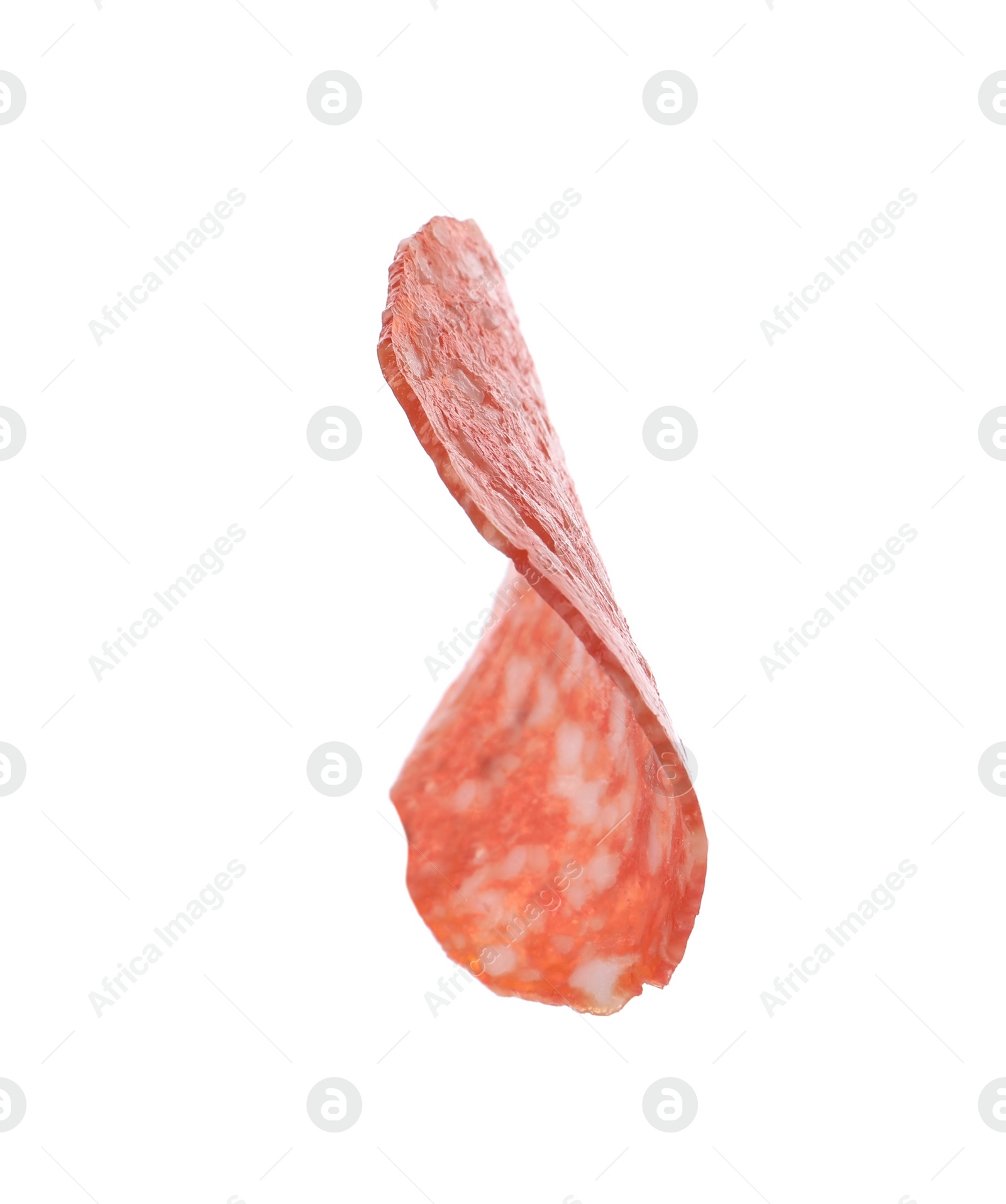 Photo of Slice of delicious sausage isolated on white