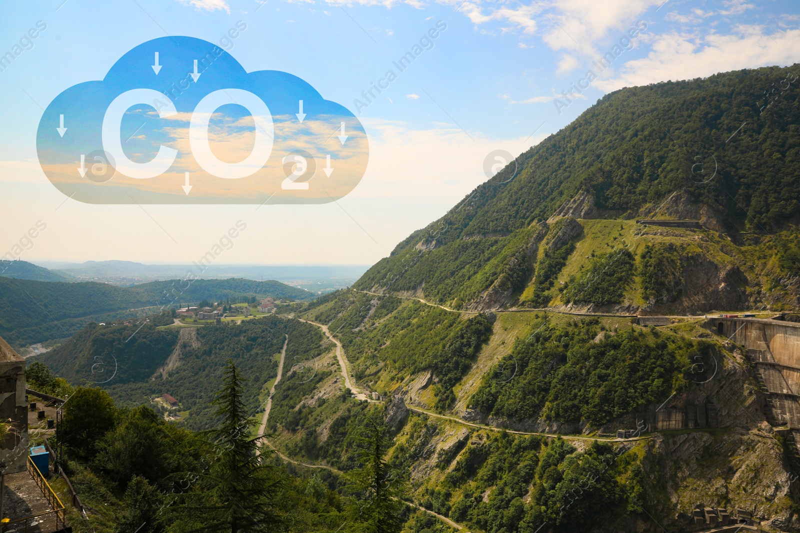 Image of Reduce CO2 emissions. Illustration of cloud with CO2 inscription, arrows and beautiful mountain landscape