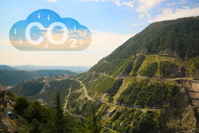 Reduce CO2 emissions. Illustration of cloud with CO2 inscription, arrows and beautiful mountain landscape