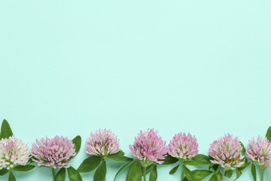 Beautiful clover flowers on turquoise background, flat lay. Space for text