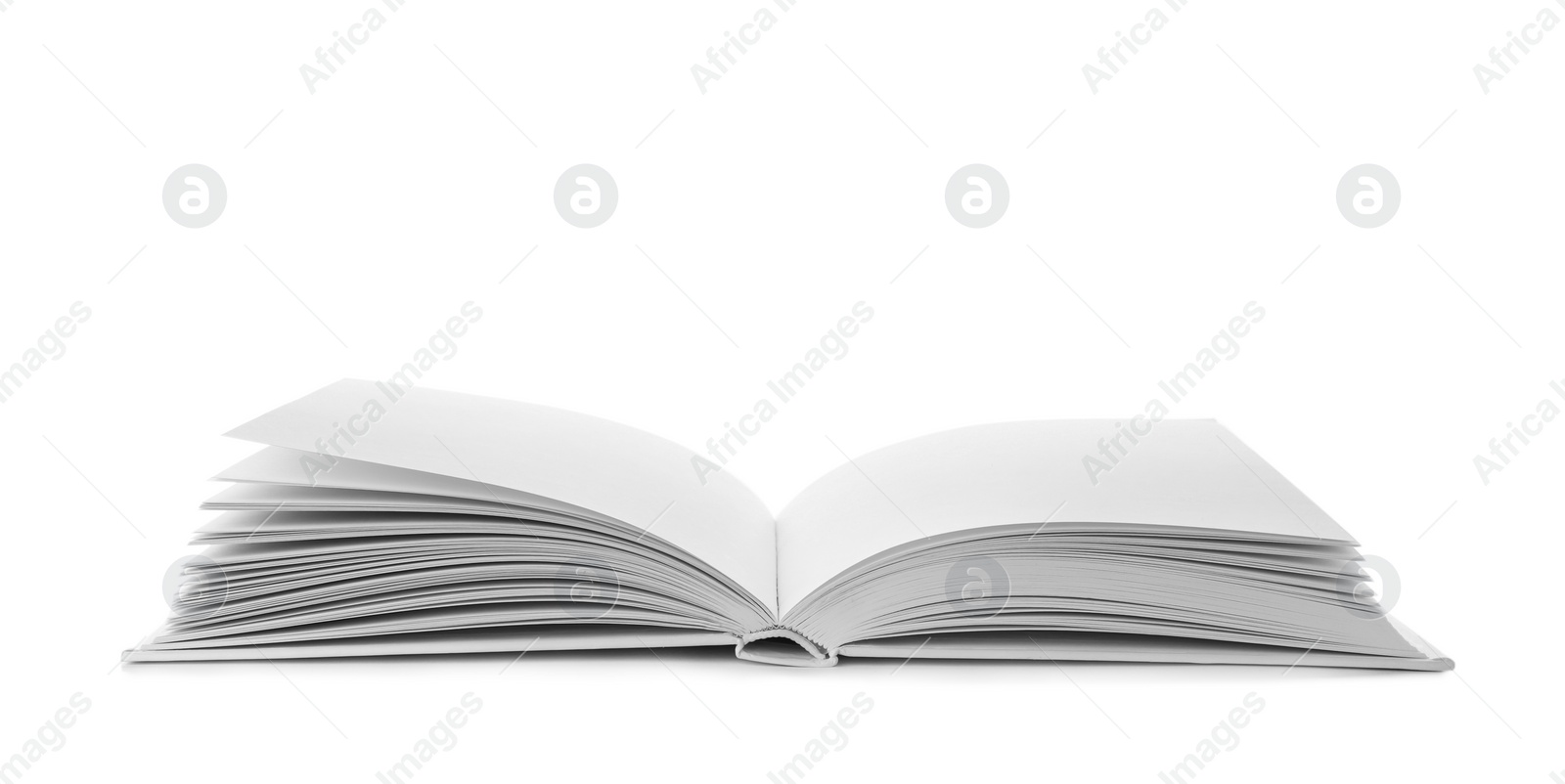 Photo of Open book with hard cover on white background