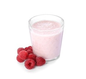 Photo of Tasty fresh milk shake with raspberries on white background