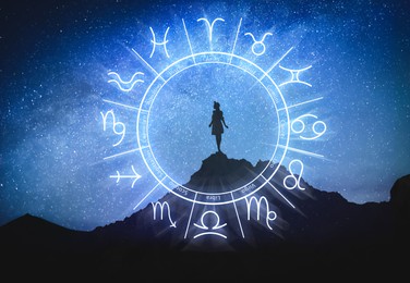 Image of Zodiac wheel and photo of woman in mountains under starry sky at night