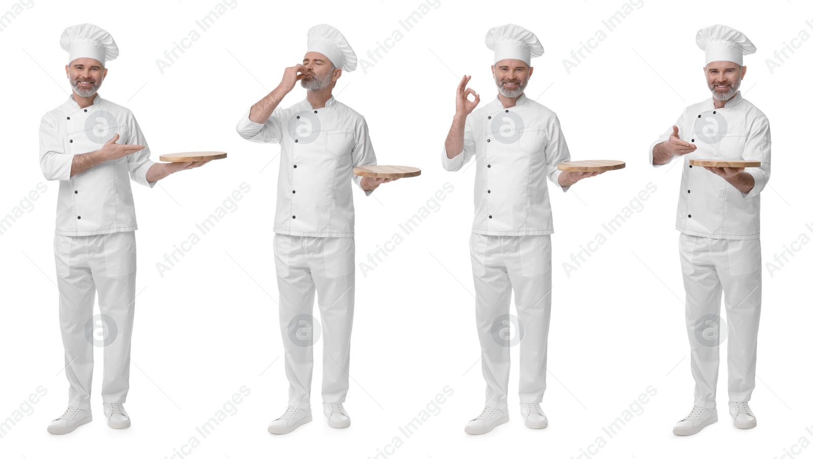 Image of Chef in uniform on white background, set with photos