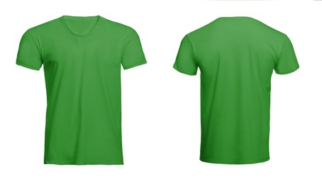Image of Front and back views of light green men's t-shirt on white background. Mockup for design