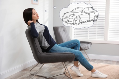 Image of Young woman dreaming about new car at home