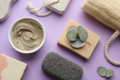 Photo of Flat lay composition with pumice stone on violet background
