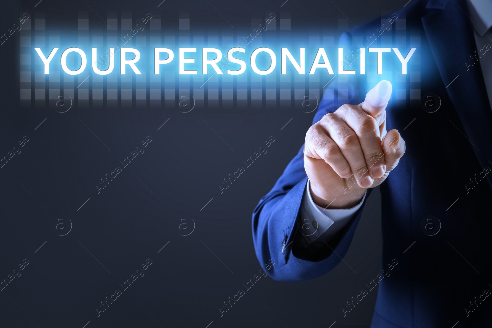 Image of Man pointing at phrase YOUR PERSONALITY on virtual screen against dark background, closeup 