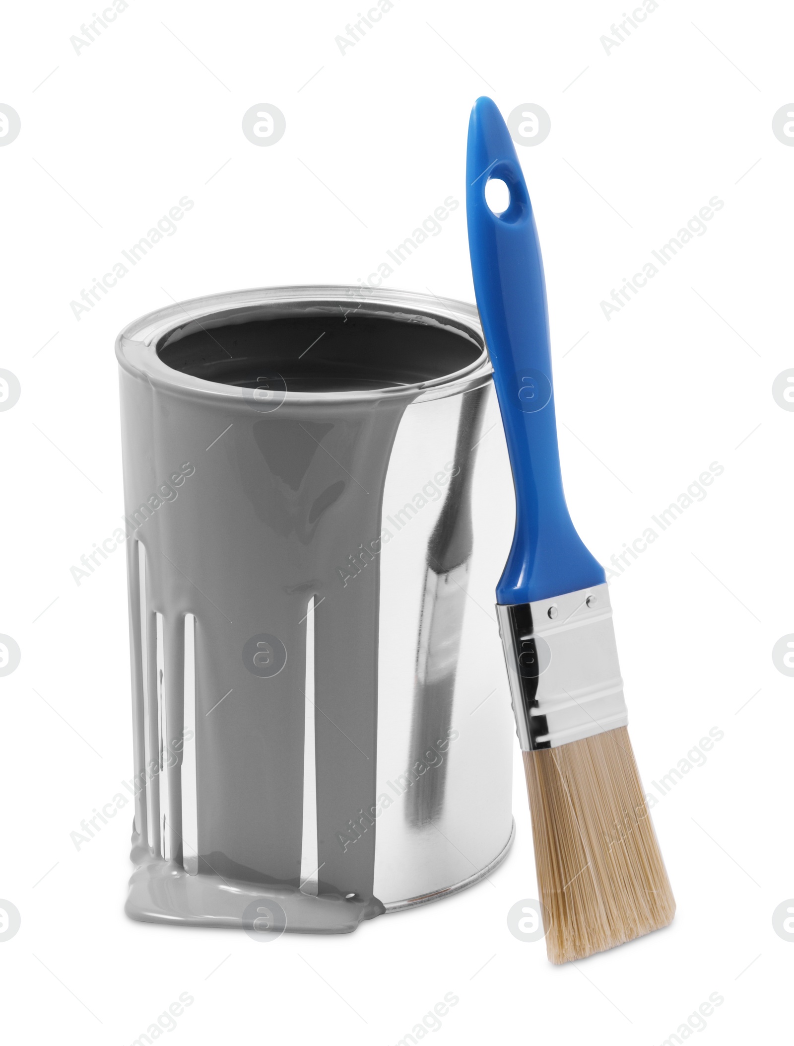 Photo of Can of grey paint and brush isolated on white