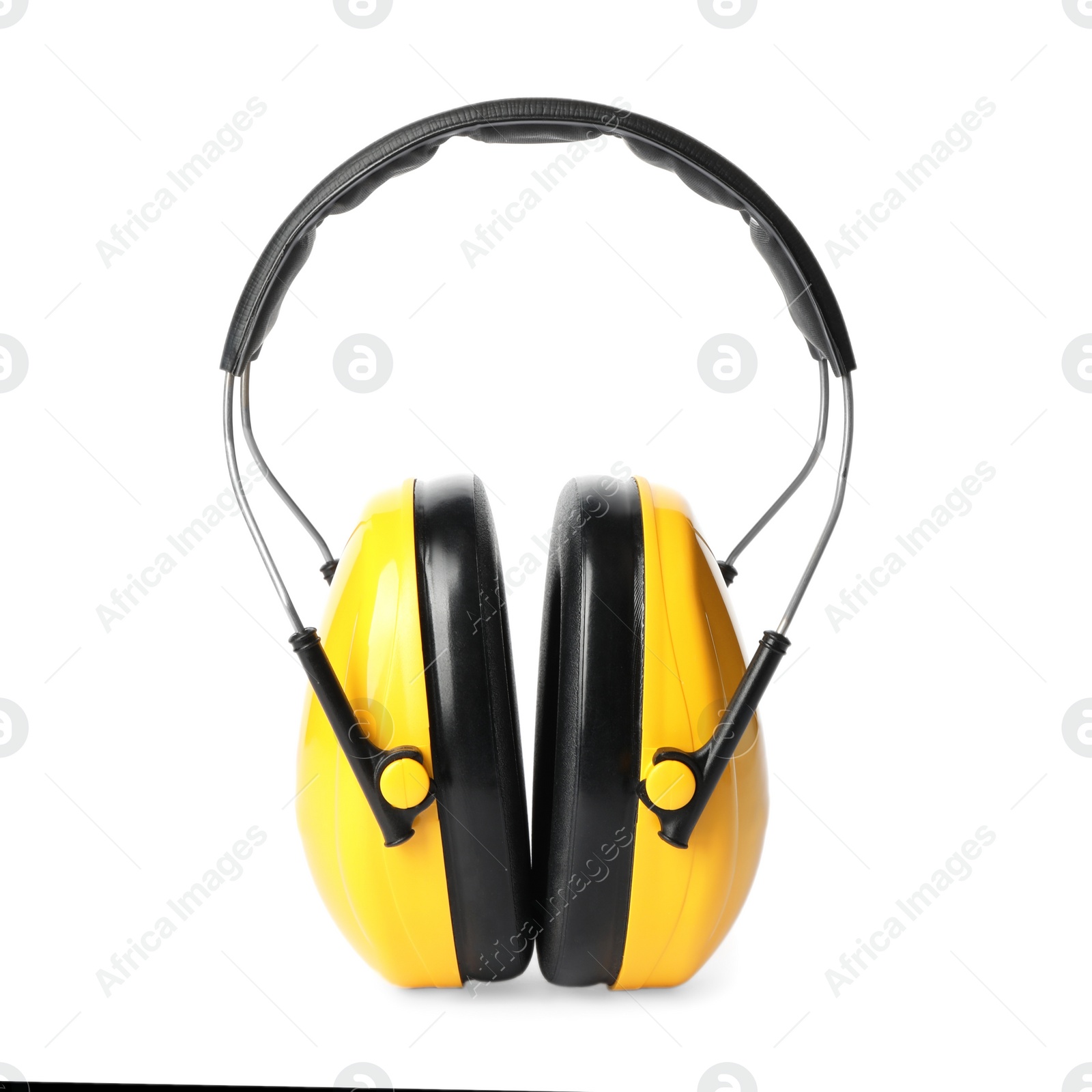 Photo of Protective headphones on white background. Construction tool