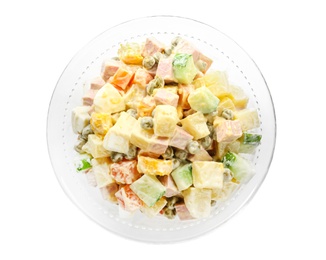 Photo of Delicious russian salad Olivier on white background, top view