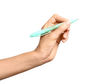 Photo of Young woman holding pen on white background, closeup